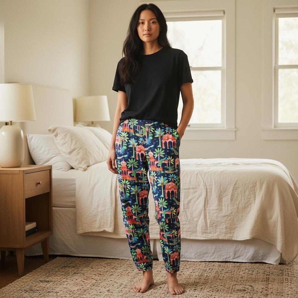 Printfresh Peacock Palace Pajama Pants Women M Tall Organic Cotton Pockets Sleep